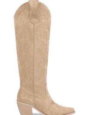 Bootique Beige Suede Knee-High Western Heeled Boots